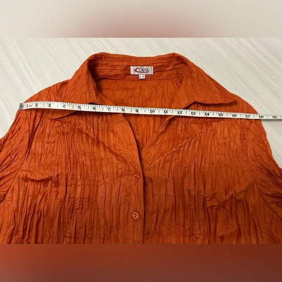 NWOT Clara Women's Vibrant Orange Crinkle Button-Down Shirt - Picture 8 of 15